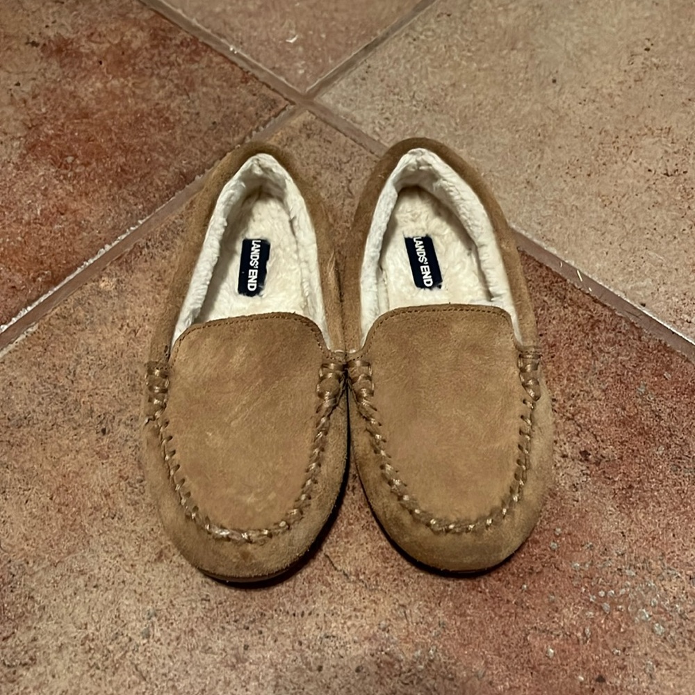 Lands' End Kids Suede Leather Moccasin‎ Slippers English Tan Youth US Size 3
